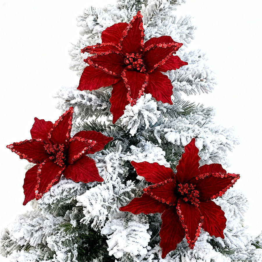 Red Sequin Christmas Poinsettia Fabric Flower