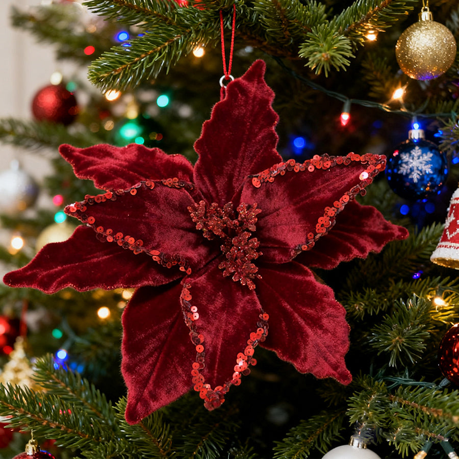 Red Sequin Christmas Poinsettia Fabric Flower