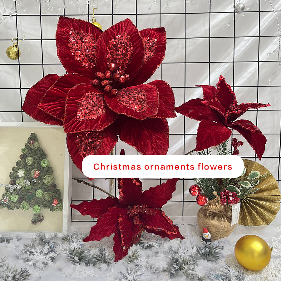 Red Sequin Christmas Poinsettia Fabric Flower
