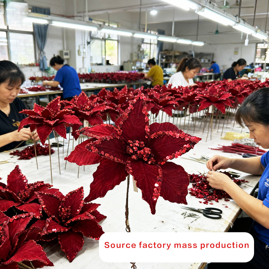 Red Sequin Christmas Poinsettia Fabric Flower