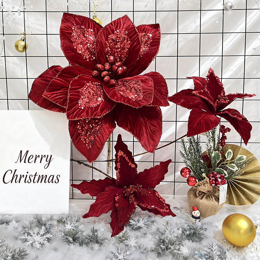 Red Sequin Christmas Poinsettia Fabric Flower
